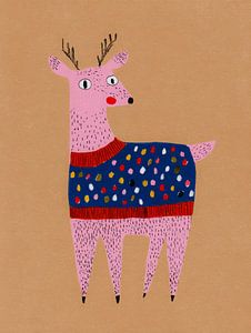 Fröhliches rosa Rentier im blauen Pullover - verspielte moderne Winterkunst