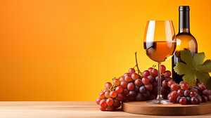 Ein Glas Wein mit einer Weinflasche und Trauben auf einem Holzbrett mit orangefarbenem Hintergrund