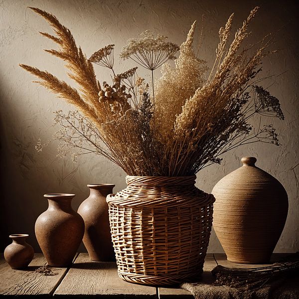 Still life with dried flowers in wicker vase and brown tones - understated artwork by Kleurenrijk