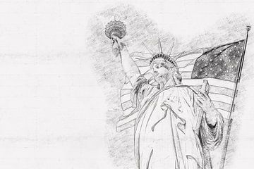 Statue de la Liberté avec un grand drapeau américain et l'horizon de New York en arrière-plan, croquis au crayon de style dessiné à la main sur Maria Kray