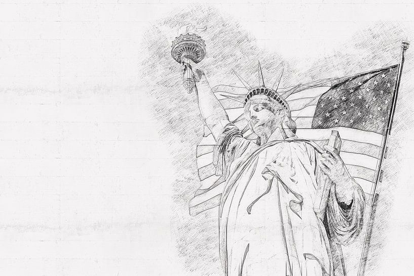 Statue de la Liberté avec un grand drapeau américain et l'horizon de New York en arrière-plan, croquis au crayon de style dessiné à la main par Maria Kray