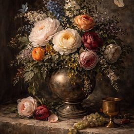 Nature morte avec rose dans des tons sombres classiques sur Dodik Hariyono