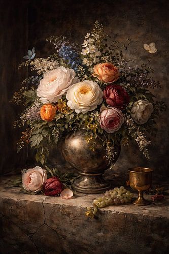 Rosenstillleben in klassischen dunklen Farbtönen