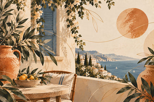 Mediterraan terras met citroenbomen &, uitzicht op zee