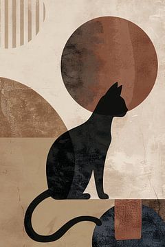 Minimalistische zwarte kat tegen een abstracte achtergrond van De Muurdecoratie