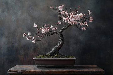 Bonsai boom stilleven amandelbloesem elegant van Digitale Schilderijen