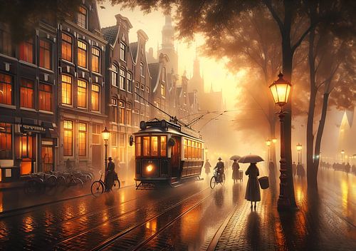 Regenachtig Amsterdam in Nederland rond 1900 bij zonsondergang