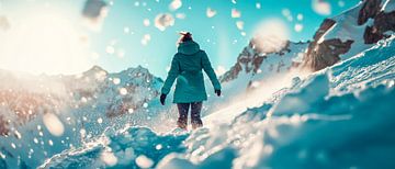 Vrouw in de sneeuw met uitzicht op de bergen van Poster Art Shop