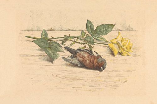 Dode vink liggend naast een roos van Willem Roelofs (II), 1884 - 1940