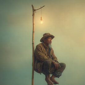 Pêcheur attendant sur un poteau au-dessus d'une eau calme sur But First Framing