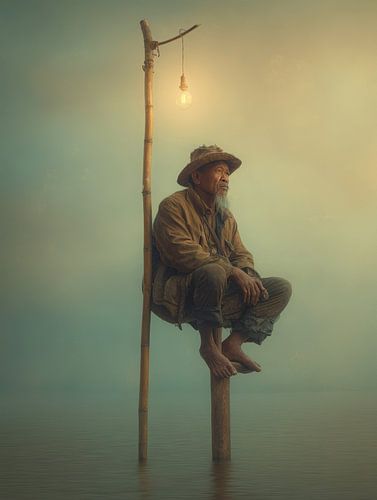 Pêcheur attendant sur un poteau au-dessus d'une eau calme
