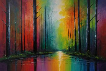 Reflet impressionniste d'une forêt colorée sur De Muurdecoratie