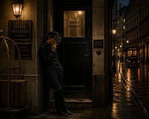 Night Porter in the Rain – Noir European Hotel Wall Art
