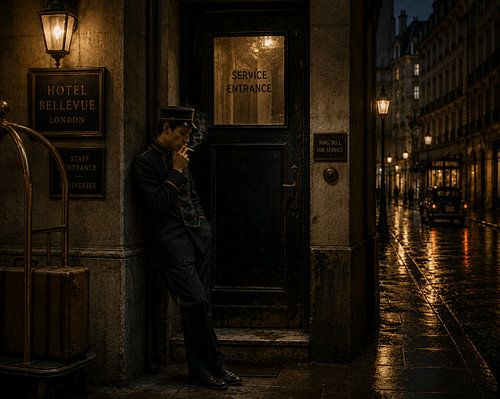 Nachtportier in de regen – Noir Europese hotelwanddecoratie