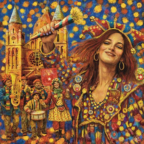 Karneval in Maastricht. Fröhliches Frauenporträt vor der St.-Lambertus-Kirche von Karen Nijst
