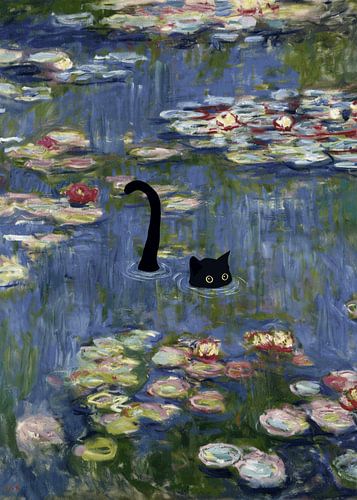 Süße schwarze Katze unter Seerosen im Teich von Claude Monet von Outdoor Way