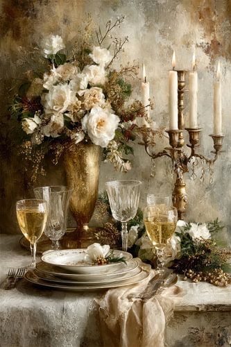 Feestelijk Stilleven – Champagne met Kaarsen en Bloemen