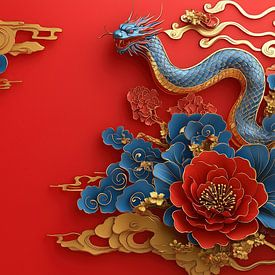 Chineze decoratieve bloemen en een draak panorama van TheXclusive Art