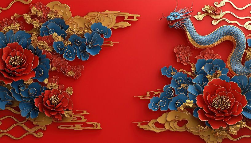 Chineze decoratieve bloemen en een draak panorama van TheXclusive Art