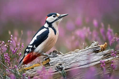 Great spotted woodpecker (Dendrocopos major) in the heathland by Christian Müringer