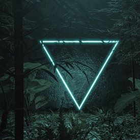 Luminous inverted neon triangle shape in front of tropical plants and trees by Besa Art