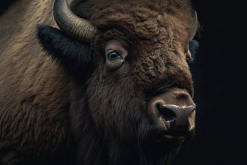 Bison Portrait With Dark Background by Digitale Schilderijen