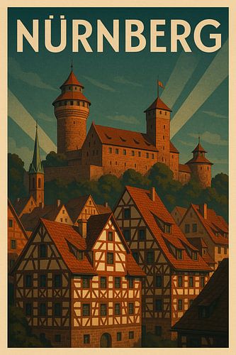 Nürnberg Vintage Poster - Middeleeuws uitzicht op de oude stad