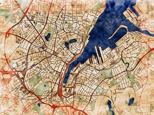 Map of Kiel centrum with the style 'Serene Summer'