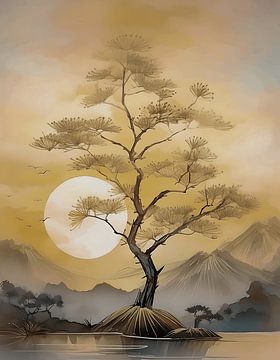 Sfeervol en sereen Japans berglandschap met ondergaande zon van Studio Pieternel