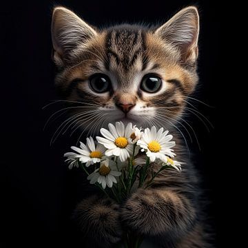 Kat met bloemen madeliefjes portret van TheXclusive Art