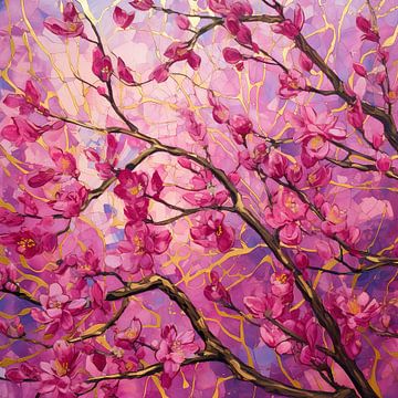 Levendige Roze Bloesems | Bloemige Mozaïekkunst van Abstract Schilderij