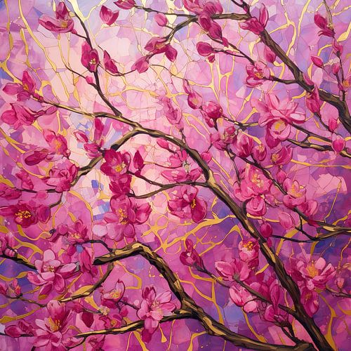 Levendige Roze Bloesems | Bloemige Mozaïekkunst