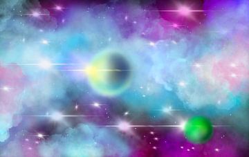Cosmos avec deux planètes en turquoise et violet