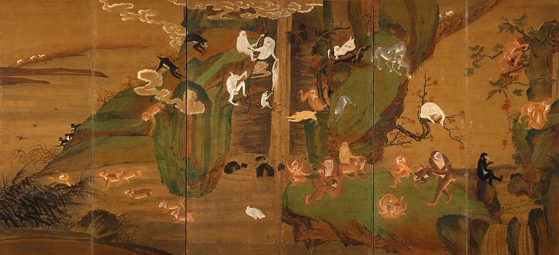 Gibbons in a Landscape, a Group of Apes Traveling by Masterful Masters