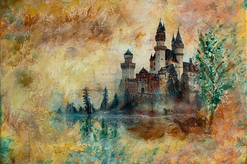 Painting of a fairytale castle, mystery and romance , earth tones
