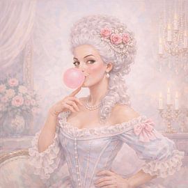 Marie Antoinette blowing a bubble with chewing gum, in delicate pastel colours by Floral Abstractions