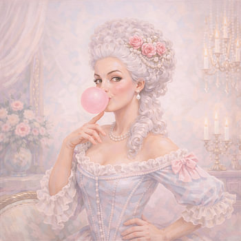 Marie Antoinette met een kauwgombel in zachte pastelkleuren
