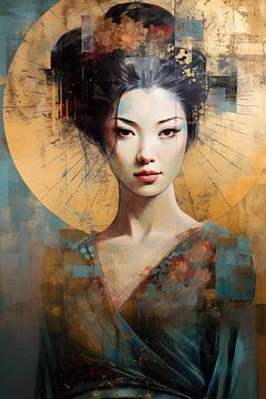 Abstract moderne afbeelding van een Geisha in oker en goud van Lauri Creates