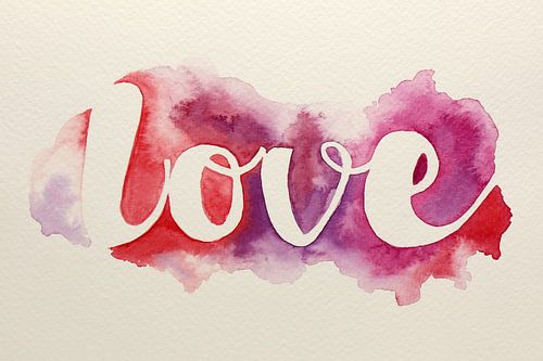Love (cheerful abstract watercolor painting Valentine typography love heart love pink purple)