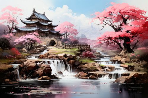 Japanse tempel bij kersenbloesems en waterval