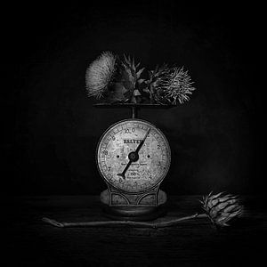 Stilleben mit Handwerkerstift in B&W mit antiker Waage.