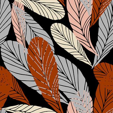 Boho stijl bladeren in retro kleuren. Moderne botanische kunst in terra, grijs, roze, zwart van Dina Dankers
