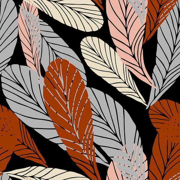 Boho style leaves in retro colors. Modern botanical art in terra, grey, pink, black by Dina Dankers