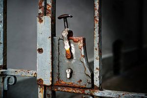 Nostalgisches rostiges Türschloss mit modernem Schließzylinder auf einem Metall