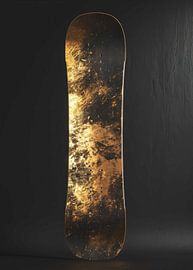 Ein elegantes, im Used-Look gehaltenes, strukturiertes Snowboard in Gold und Schwarz vor einer dunklen Wand von Morgan
