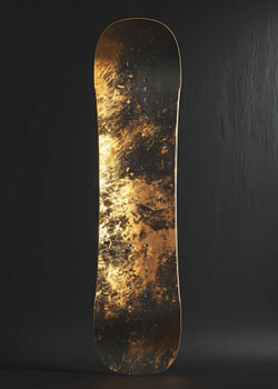 Ein elegantes, im Used-Look gehaltenes, strukturiertes Snowboard in Gold und Schwarz vor einer dunklen Wand