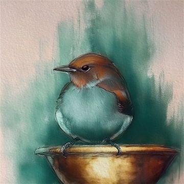 Rustig schilderij met een Vogeltje op gouden schaal van Studio Pieternel