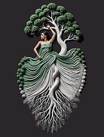 Art mural femme arbre élégante - Sculpture 3D inspirée de la nature avec des racines et des branches qui coulent