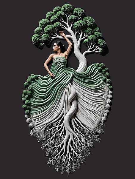 Elegant Tree Woman Wall Art – 3D Nature-Inspired Sculpture with Flowing Roots and Branches by Ramy Salah Hefny