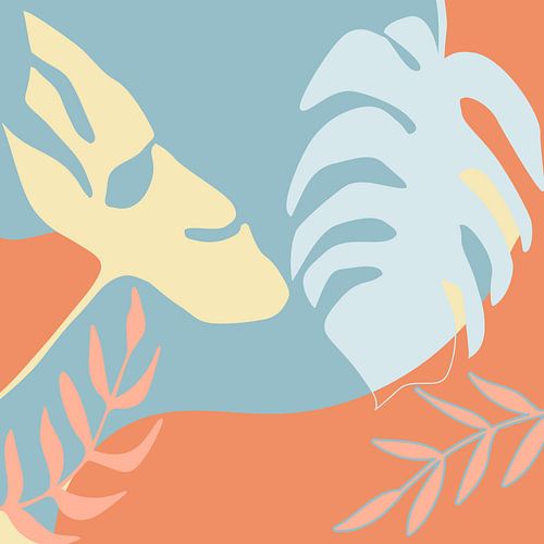 Zomertijd. Tropische botanische abstracte bladeren in terracotta, blauw en geel nr. 3_2